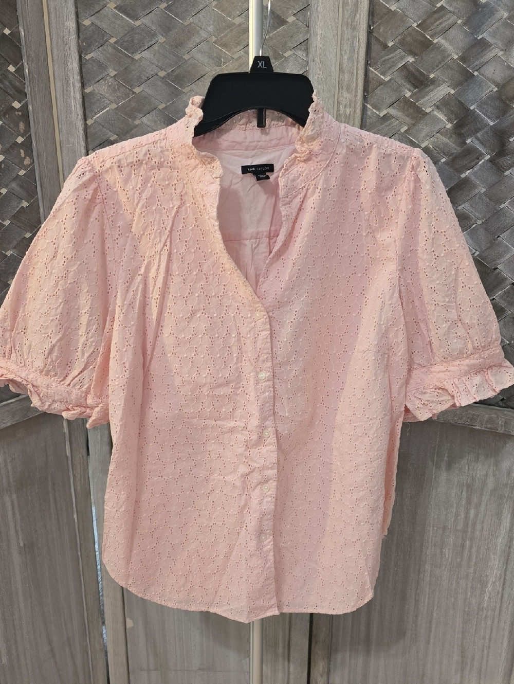 Ann Taylor Pale Pink Eyelet Ruffle-Trim Blouse